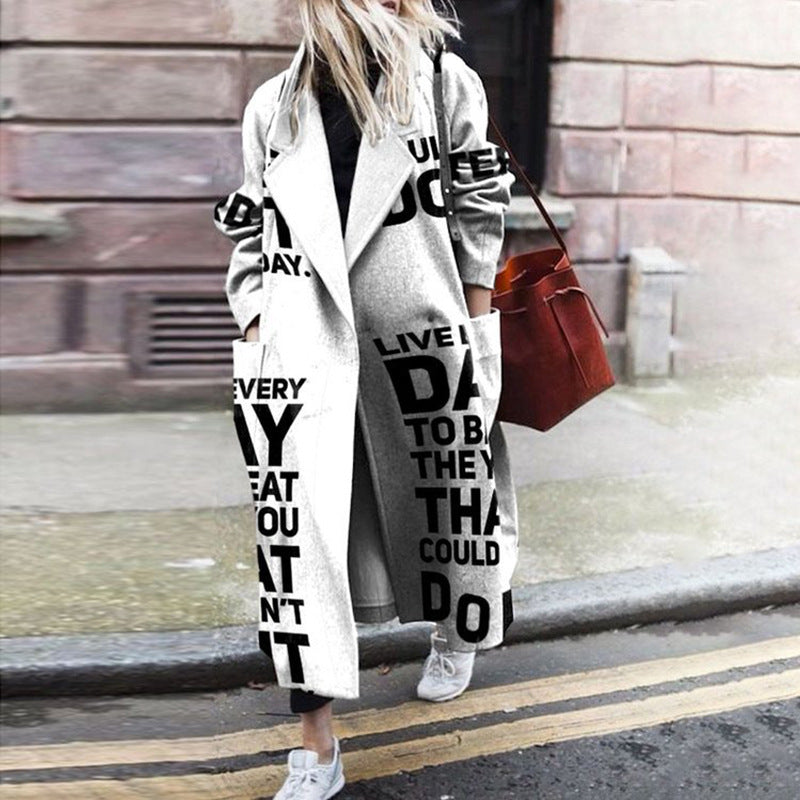 Colorblock Checked Long Sleeve Lapel Printed Jacket Wool Coat