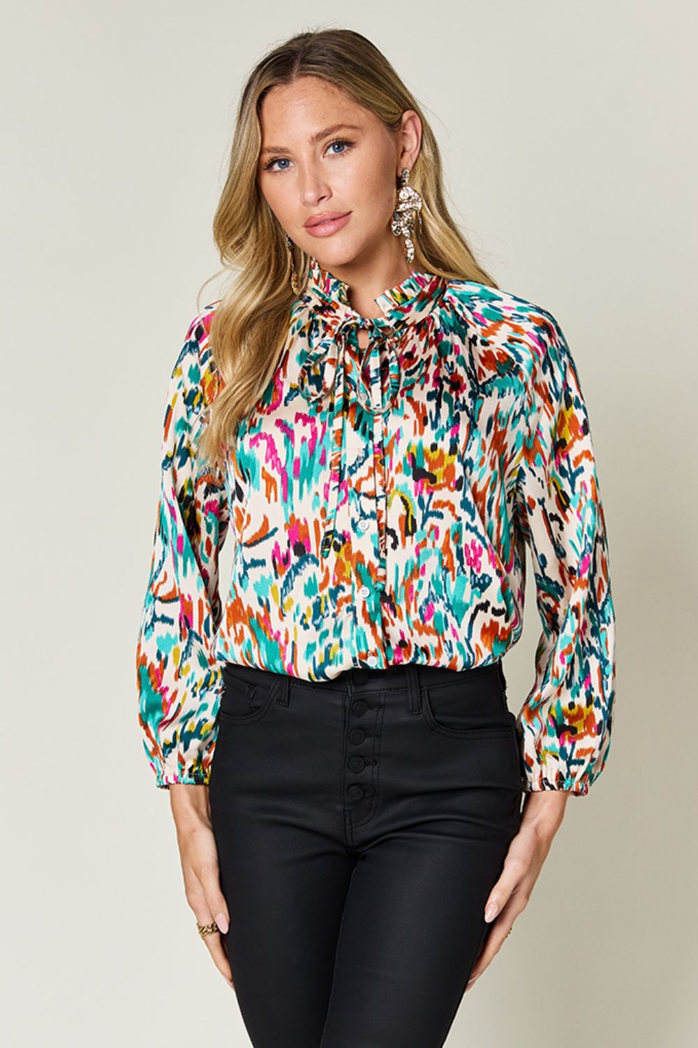Printed Long Sleeve Button-Down Top