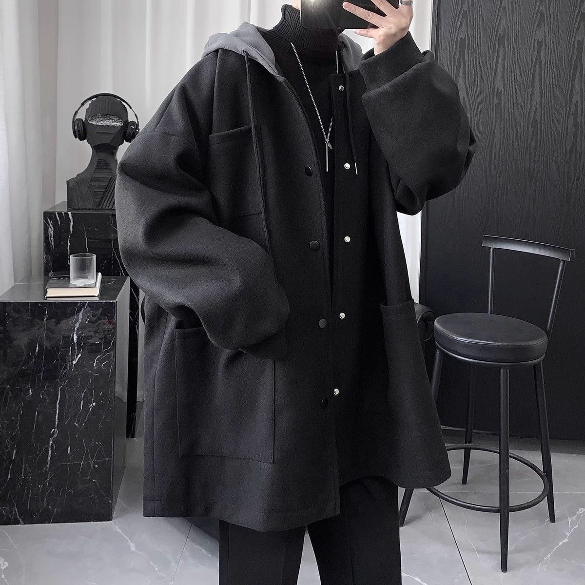 Quilted Hooded Jacket Mens Mid-Length Wool Coat
