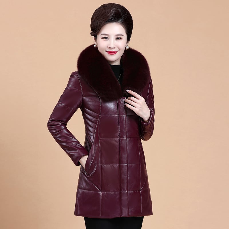 Women's Thickened Leather Down Jacket with Fur Collar