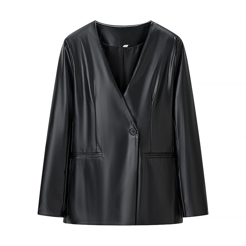 Women's Long-sleeved V-neck Leather Jacket