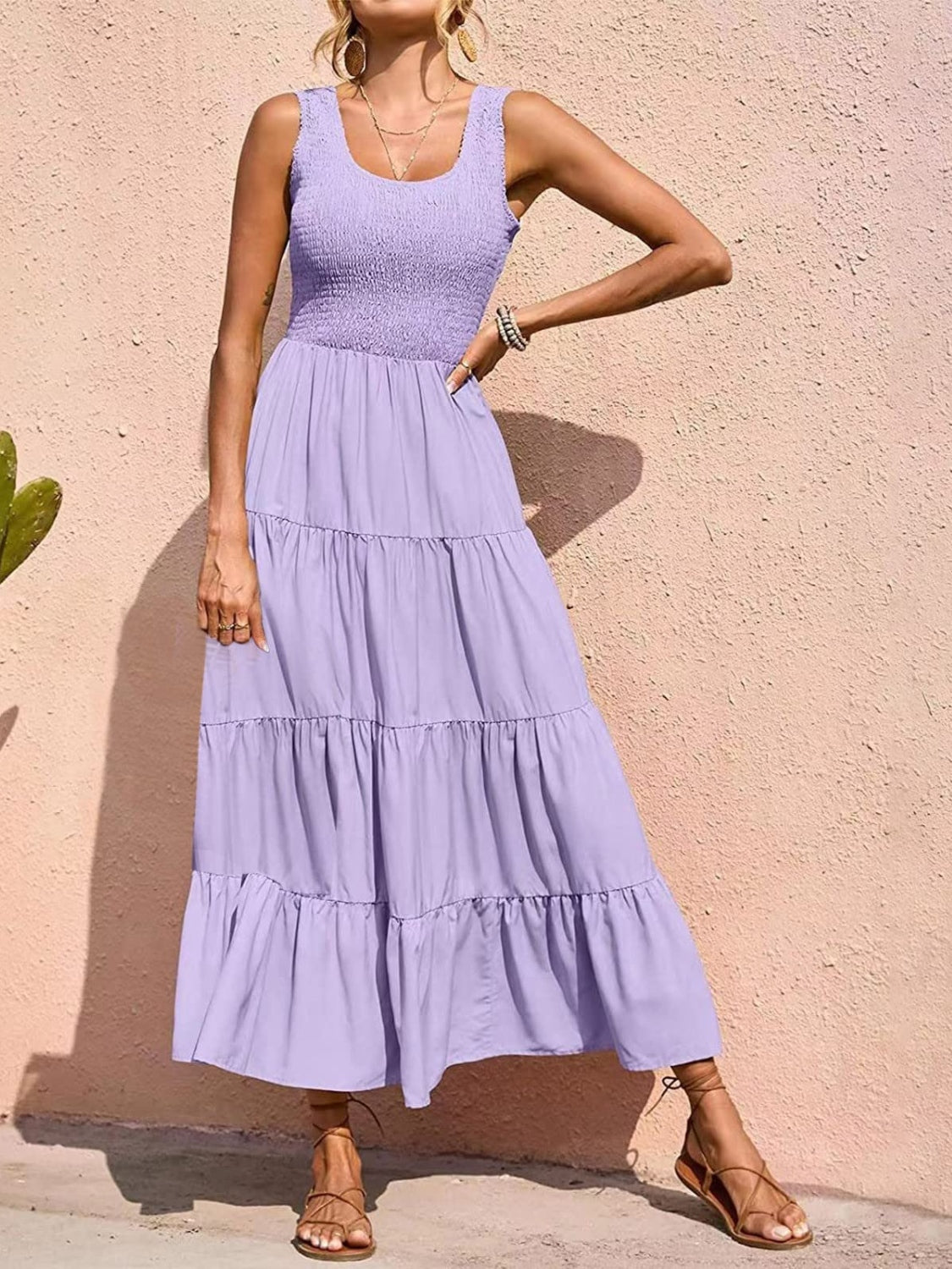 Smocked Tiered Midi Dress with Wide Straps