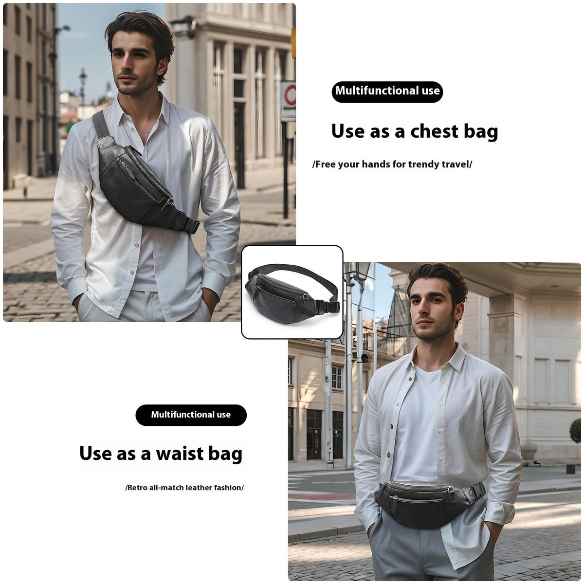 Men's First Layer Cowhide Messenger Chest Bag