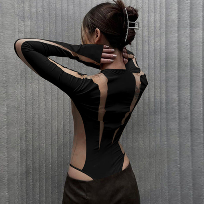 Mesh Stitching Body Shaping Round Neck Short Sleeve Rompers