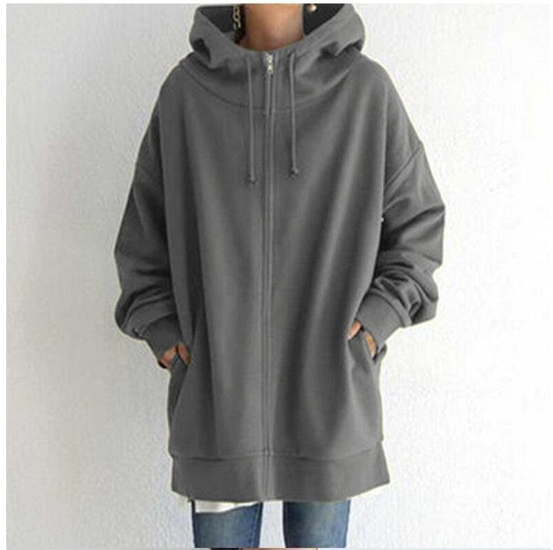 Oversized S-5XL Women Loose Hooded Coats Autumn Female Tie Collar Long Sleeve Zipper Up Add Velvet Long Sweatshirt