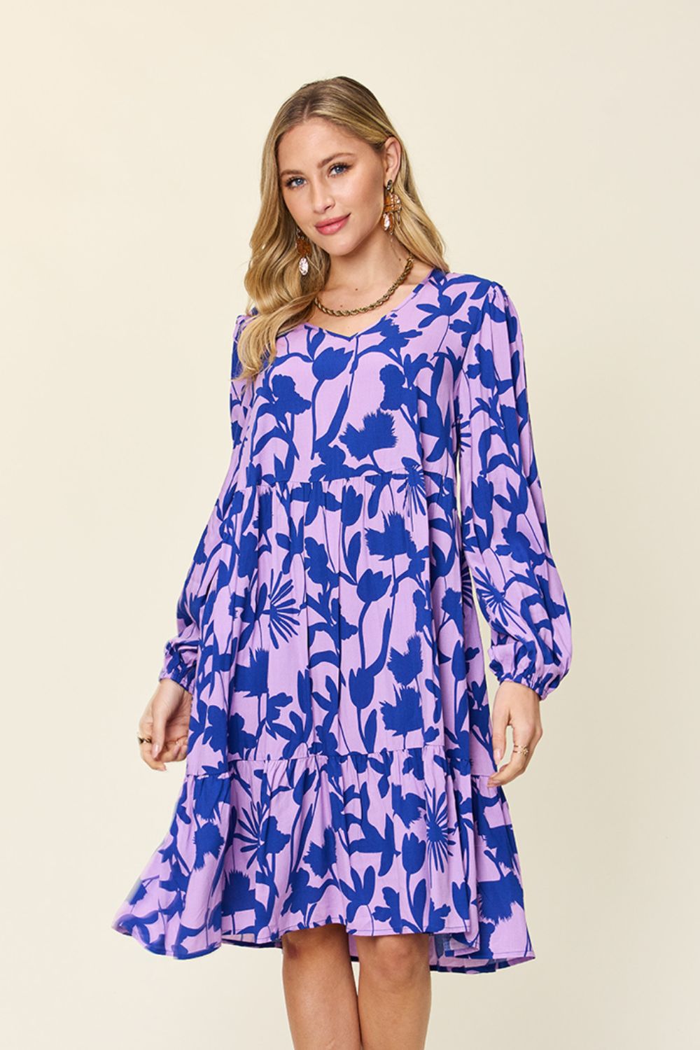 Printed Ruffle Hem Long Sleeve Rayon Dress