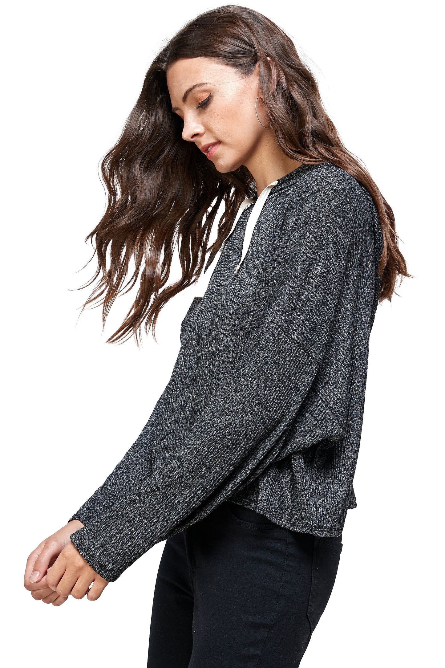 Brushed Two Tone Sweater Rib Hooded Top