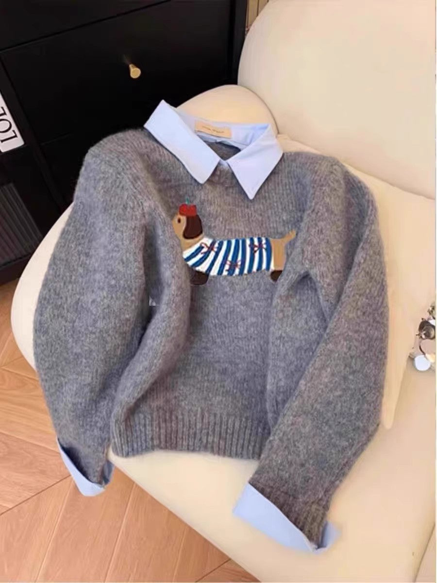 Puppy Cartoon Soft Glutinous Gray Fake Two Pieces Shirts Sweater