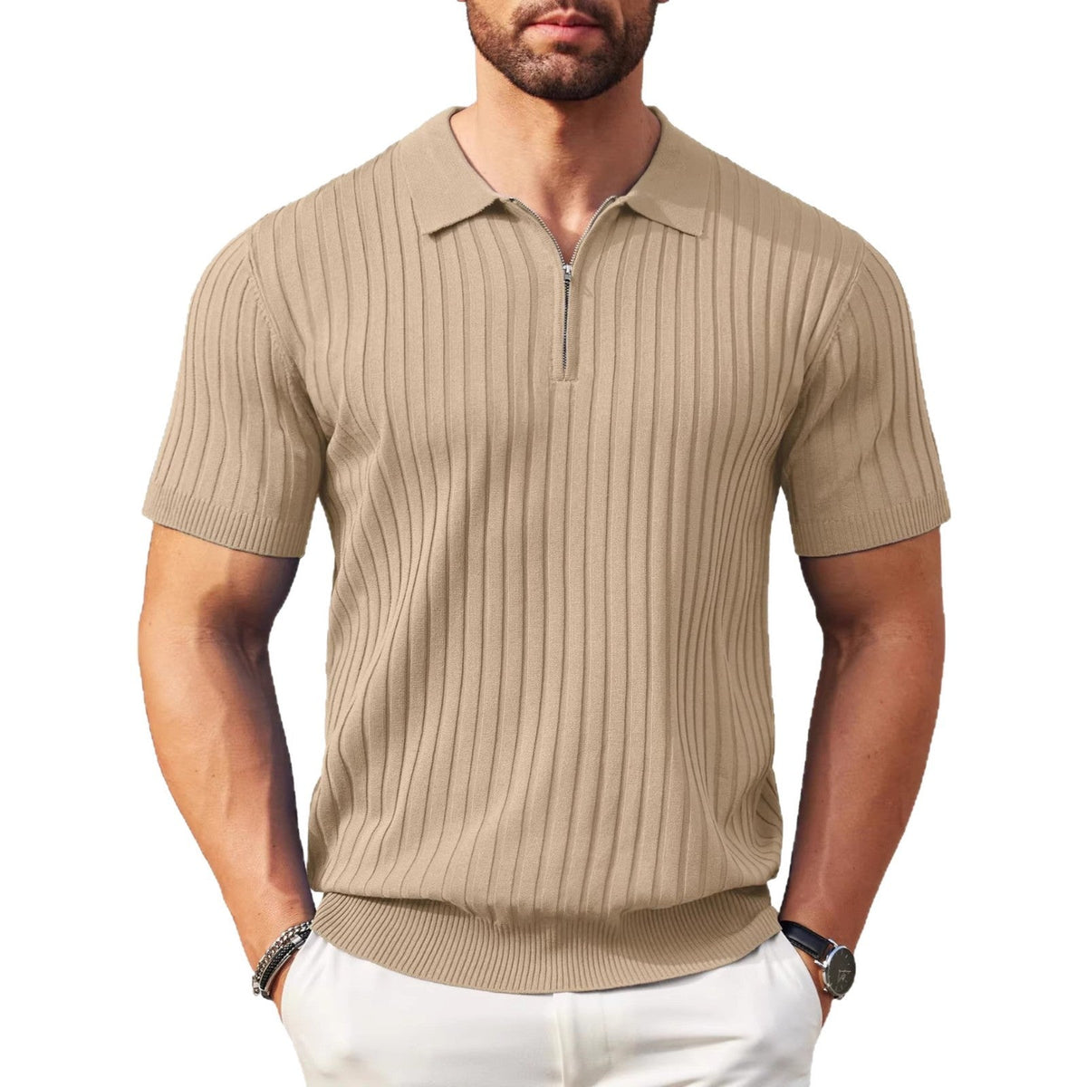 Mens Zip-Up Short-Sleeve Rib-Knit Polo T-Shirt Fashionable Casual Golf Shirt