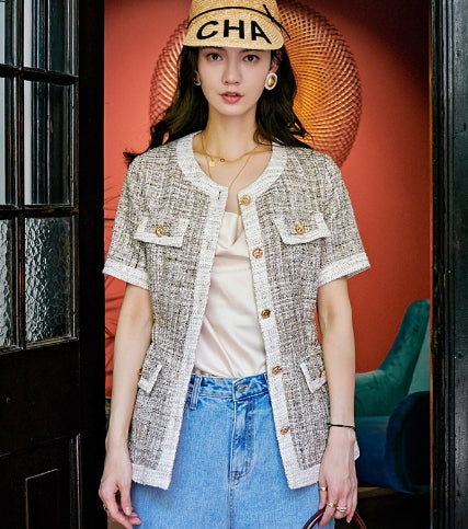 Casual Short Sleeve Jacket for Women, Tweed Style