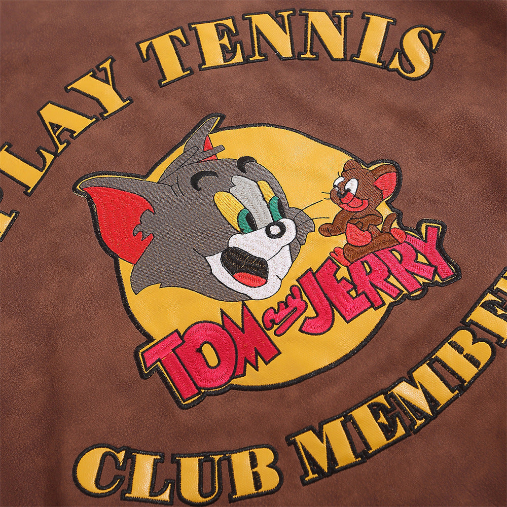 Men's Cartoon Embroidered Cat and Mouse Baseball Jacket