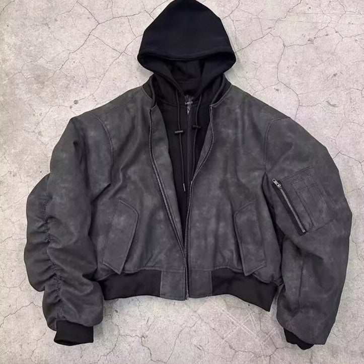 Mens Faux Two-piece Leather Jacket Cotton-padded Flight Jacket