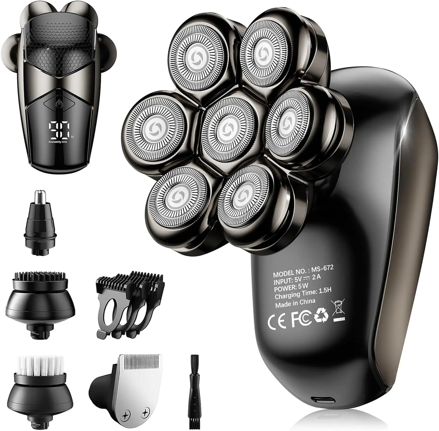 Detachable Head Shavers, SHPAVVER 5-in-1 Electric Razor IPX7 Waterproof for Bald Men, Wet/Dry LED Display Rechargeable 7D Rotary Shaver Grooming Kit with Type-C Charge (A) Brown