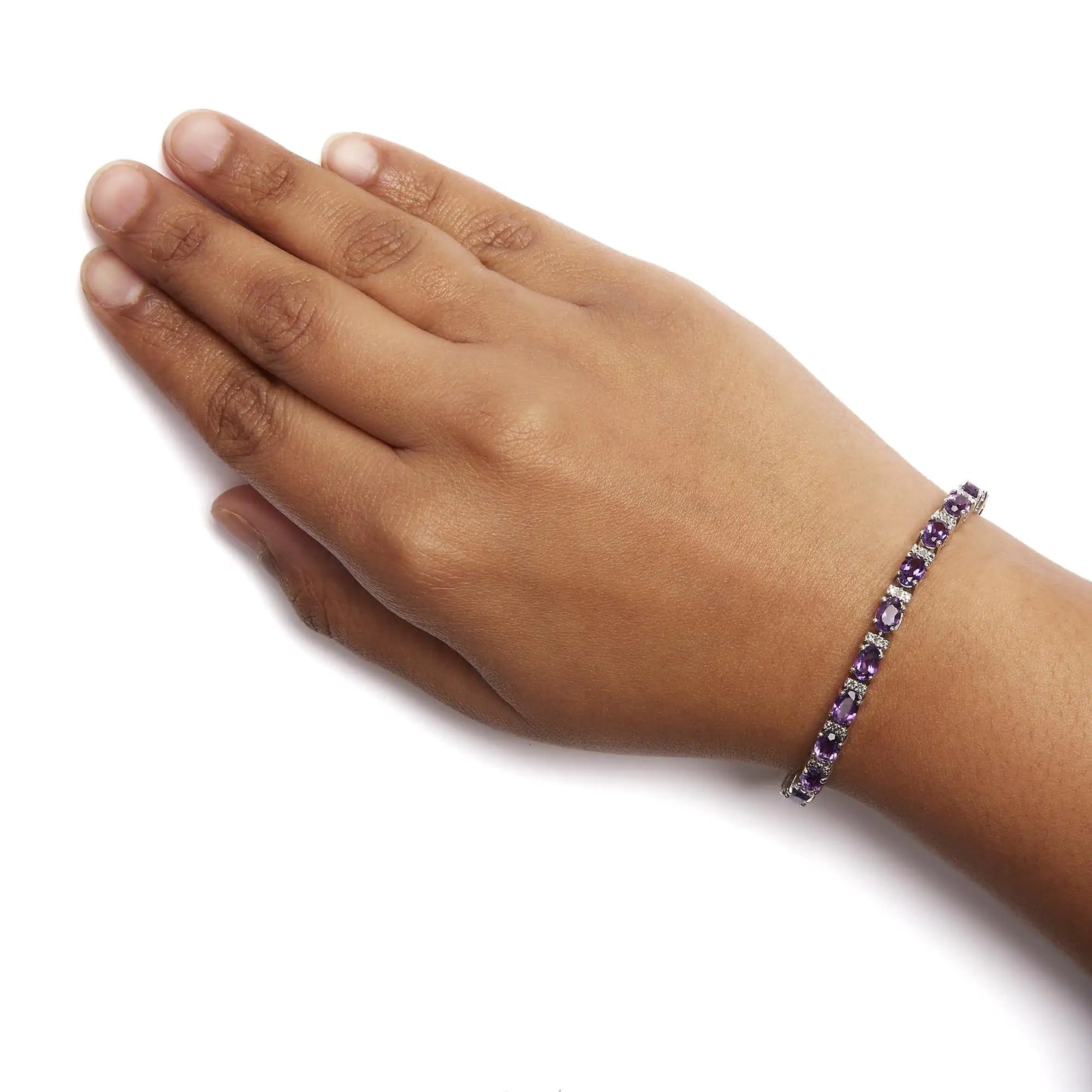Style Loft Collection .925 Sterling Silver 9 1/2 Ctw Alternating Oval Amethyst and White Diamond Accent Link Tennis Bracelet (I-J Color, I3 Clarity) - 7.25" Inches