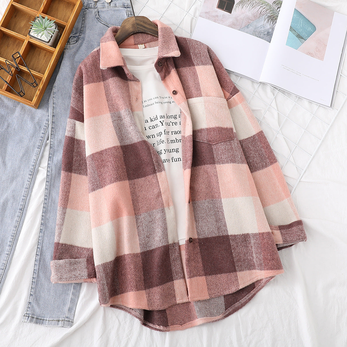 Thick Woolen Shirt Women Loose Casual Tops Literary Fan Plaid Shirt Jacket