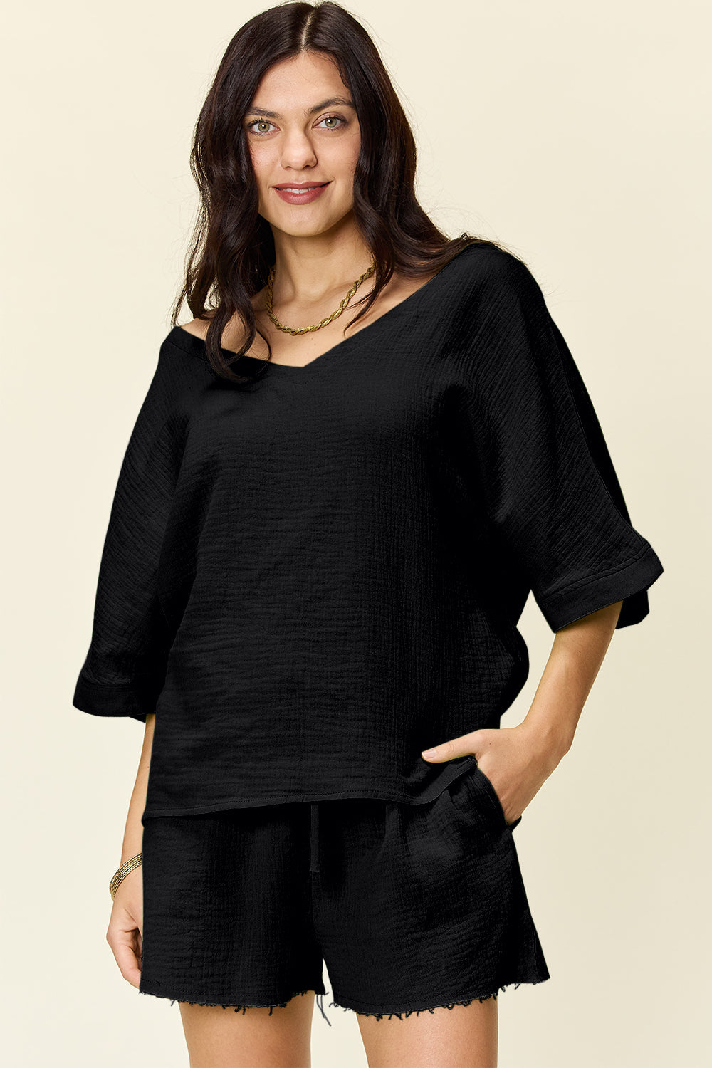 Textured Cotton T-Shirt and Drawstring Shorts Set