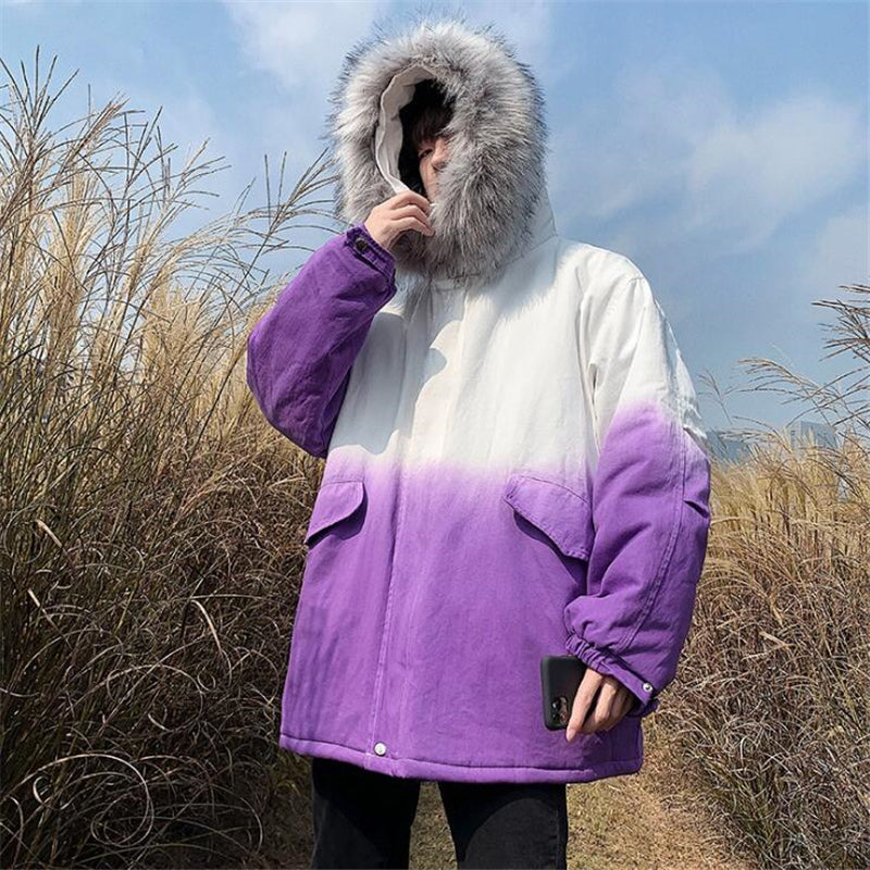 Trendy Thick Fur Collar Gradient Hooded Cotton Jacket