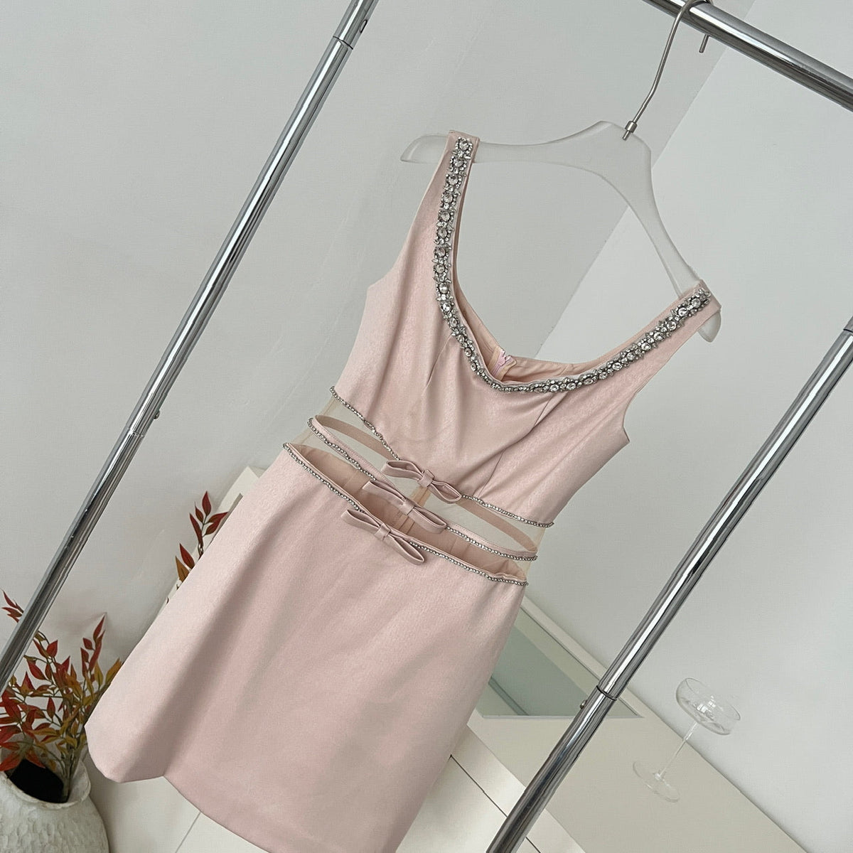 Blush Tone Sleeveless Rhinestone Collar Bow Waist Bridesmaid Cocktail Dress