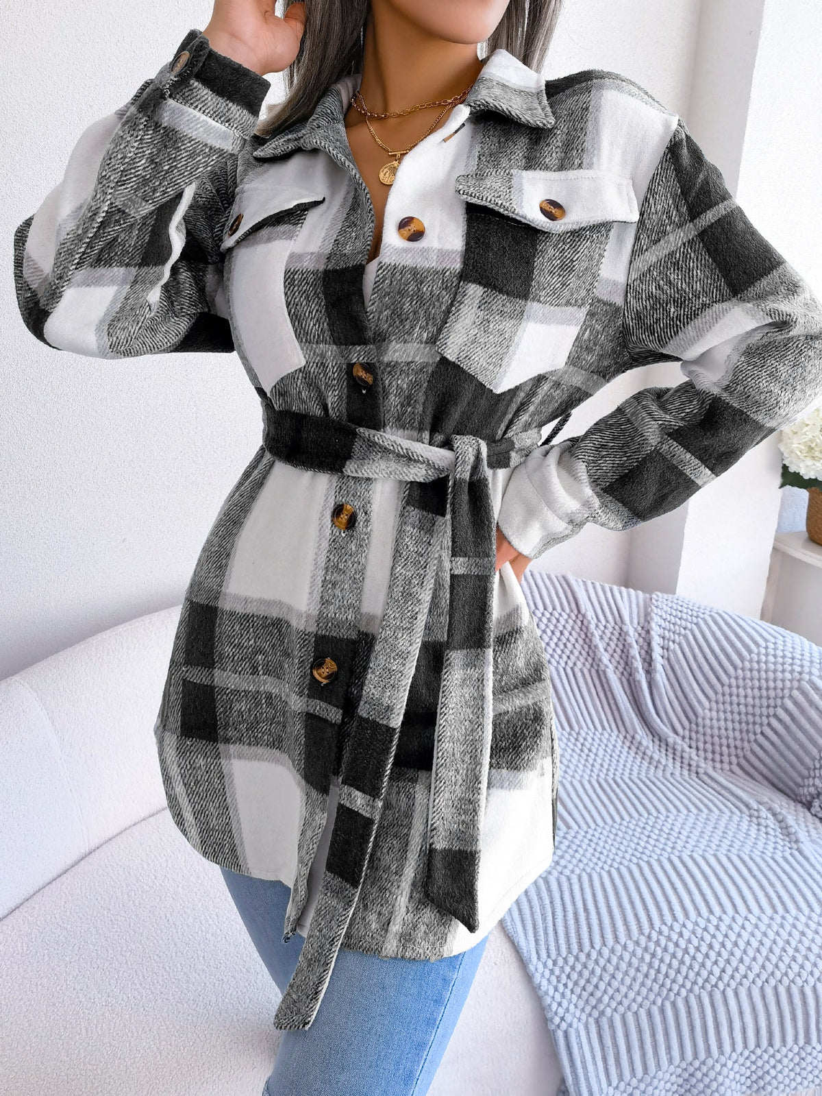 Women's Color-Blocked Plaid Long Sleeve Tie-Waist Thick Tweed Coat