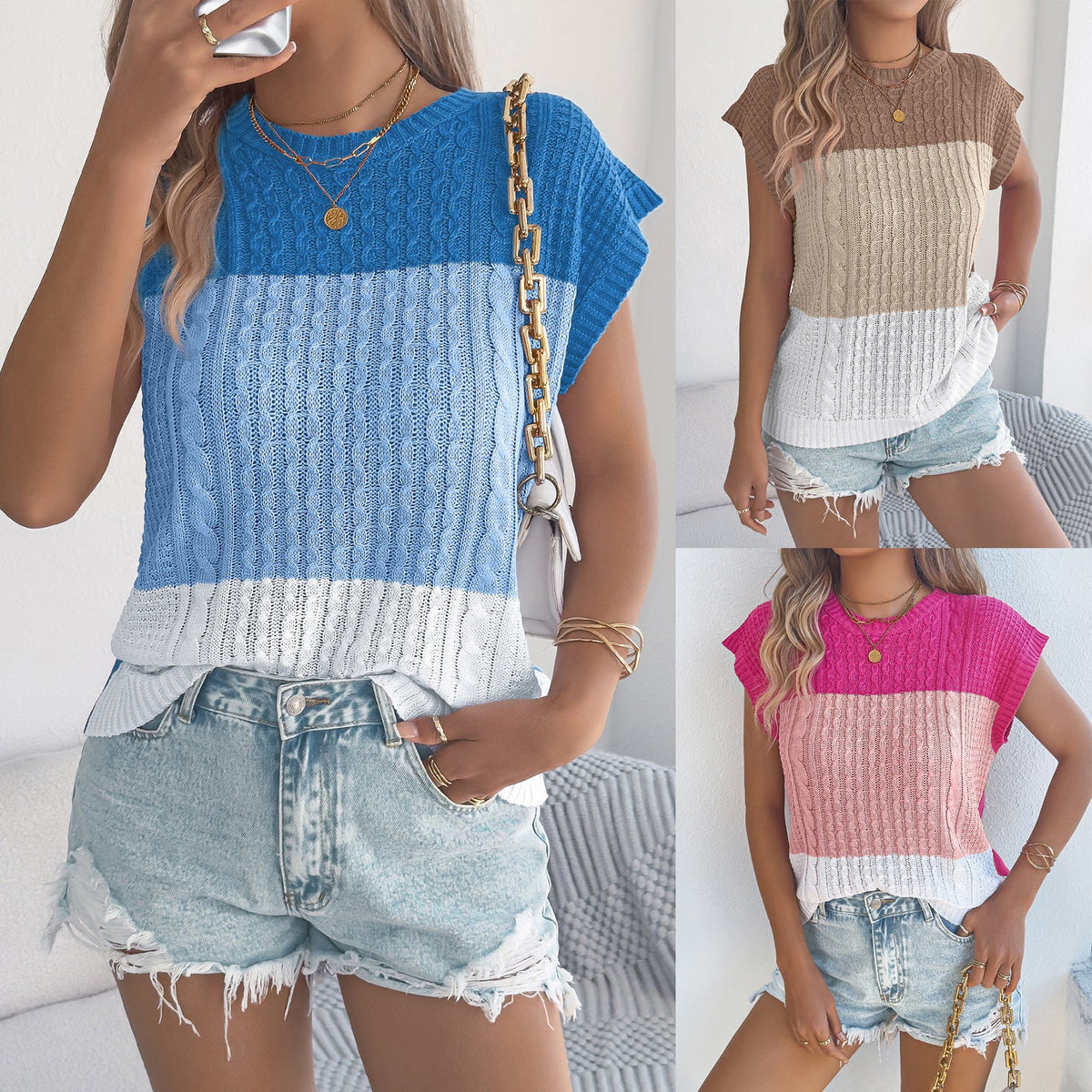 Women's Color-Block Cable-Knit Casual Loose Batwing-Sleeve Sweater Top