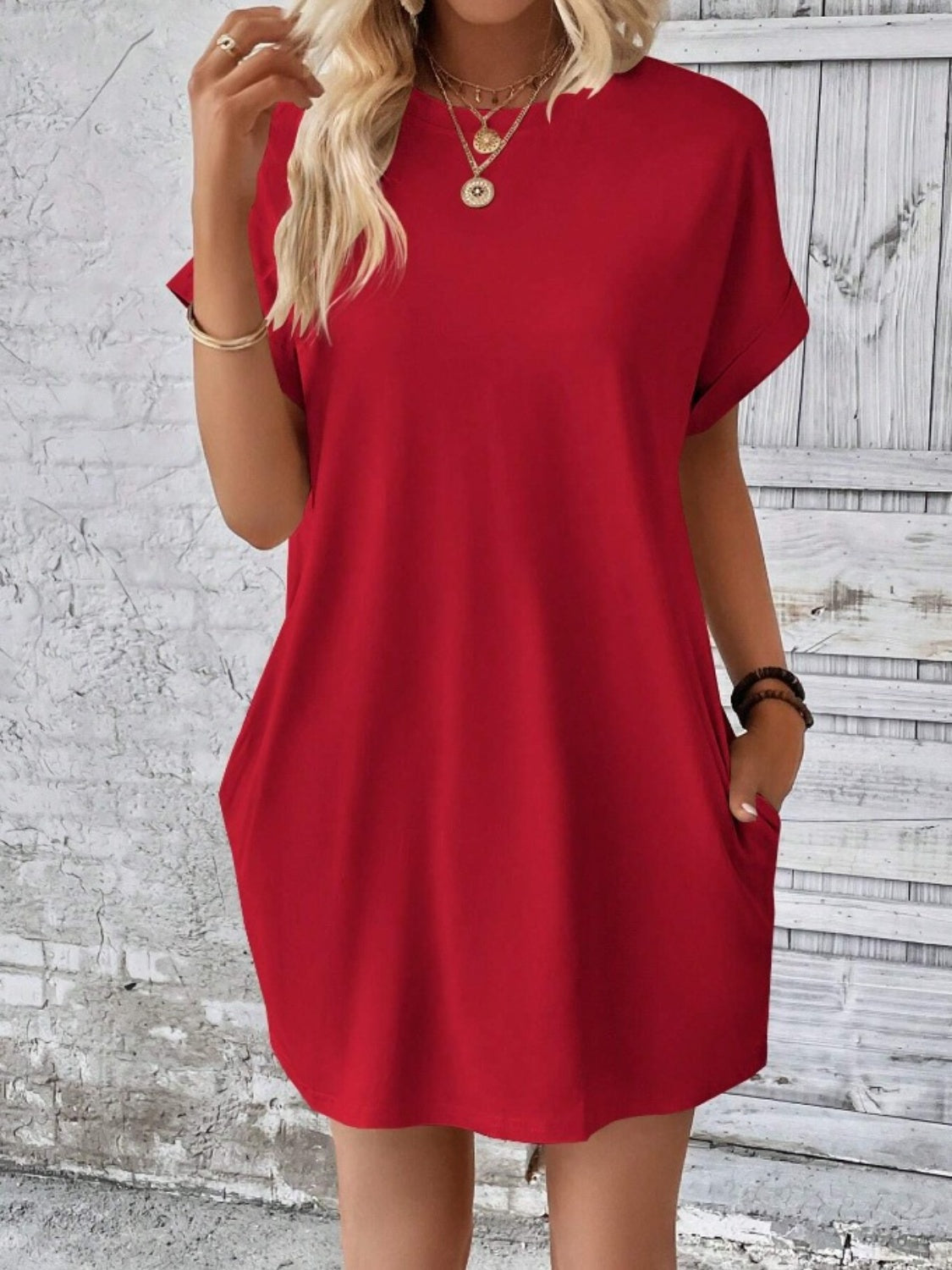 Casual Pocketed Round Neck Tee Dress