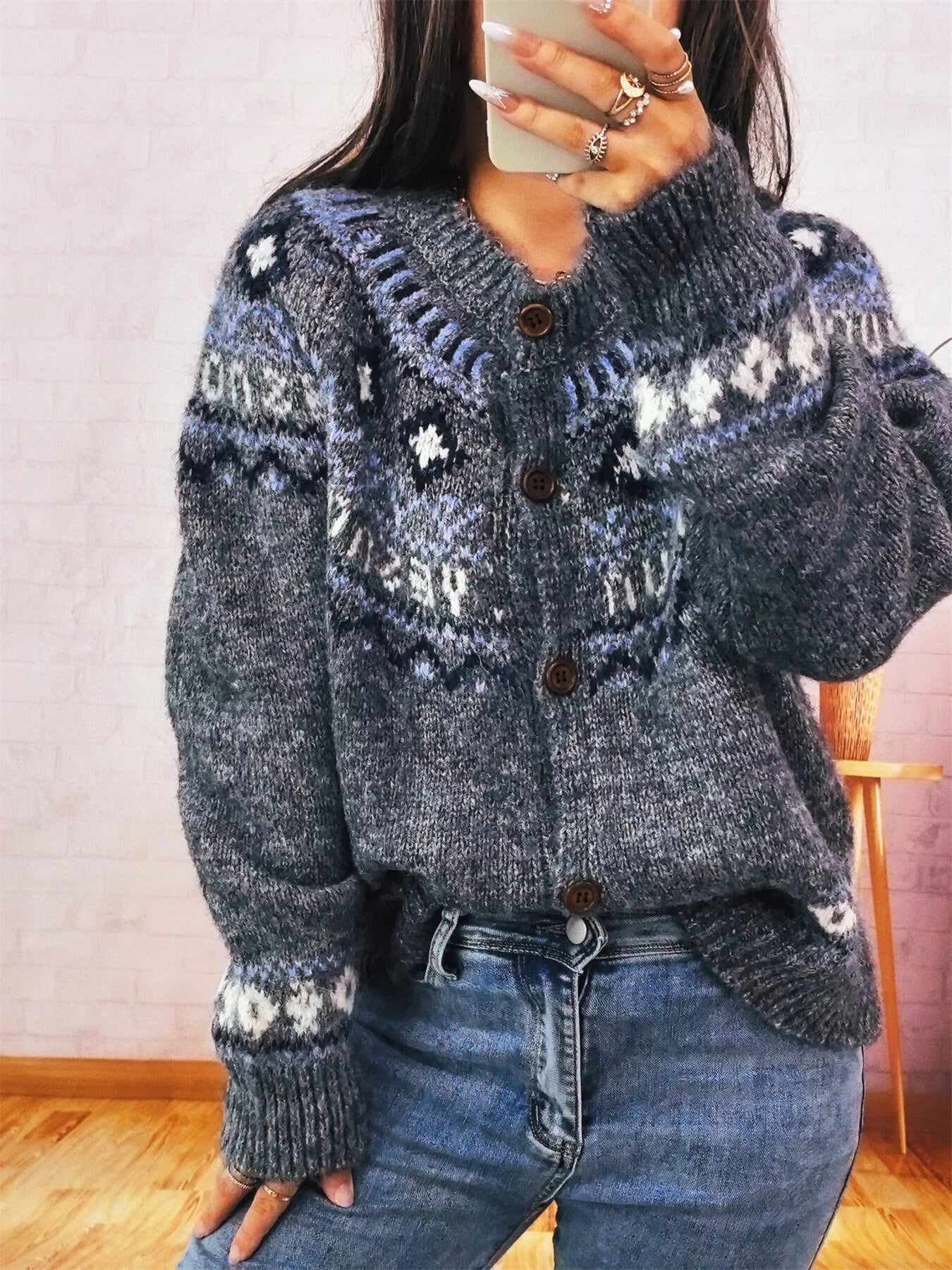 Geometric Pattern Button Up Long Sleeve Cardigan