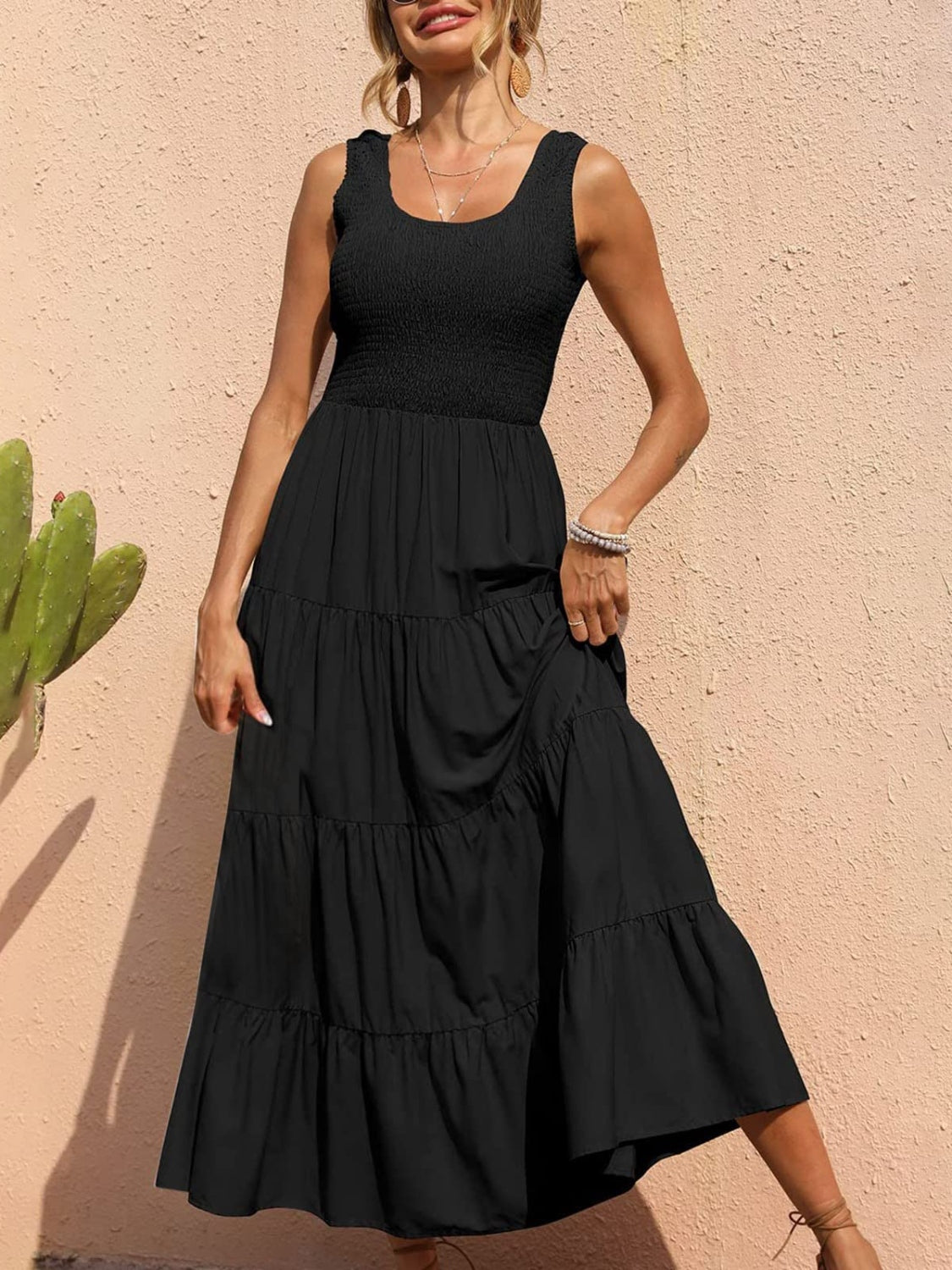 Smocked Tiered Midi Dress with Wide Straps