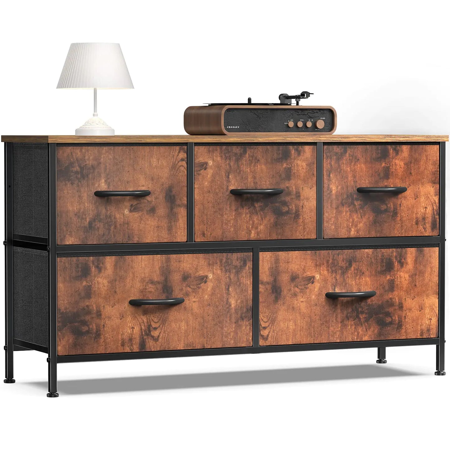 OLIXIS Dresser for Bedroom 5 Storage Drawers Wide Fabric Closet Chests Organizer Tower Furniture TV Stand with Wooden Top Metal Frame for Clothes Living Room Hallway Entryway Classic Rust Brown