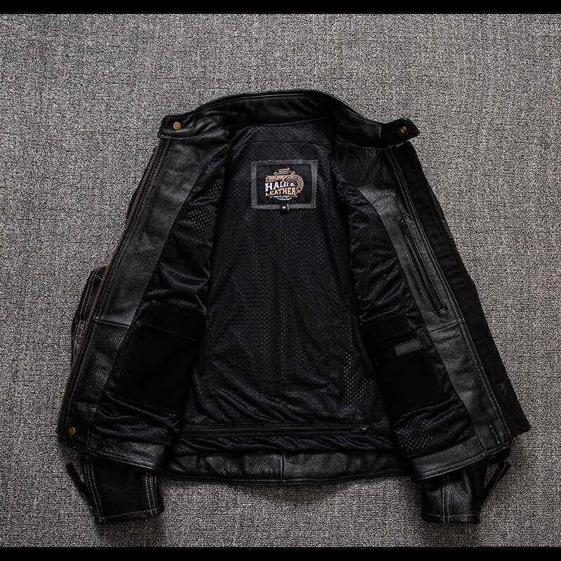 Men's Genuine Leather Biker Jacket with Protective Gear