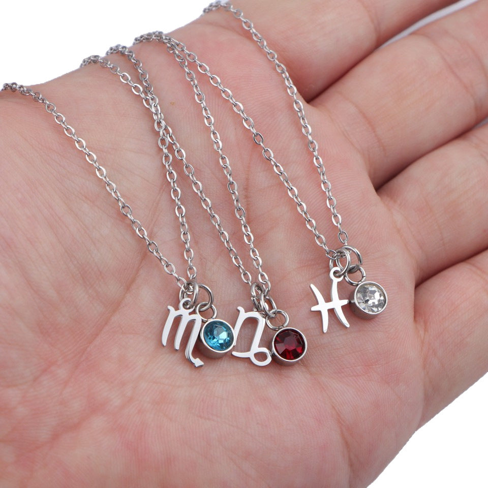 Western Birthstone Necklace With 12 Zodiac Gemstone Pendants