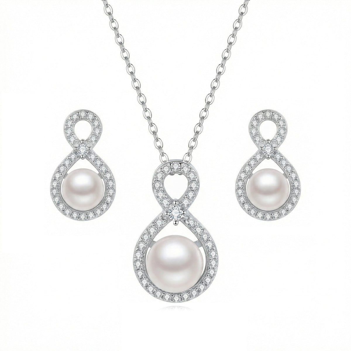 925 Sterling Silver Elegant Sterling Silver Infinity Pearl Necklace and Earrings Jewelry Set
