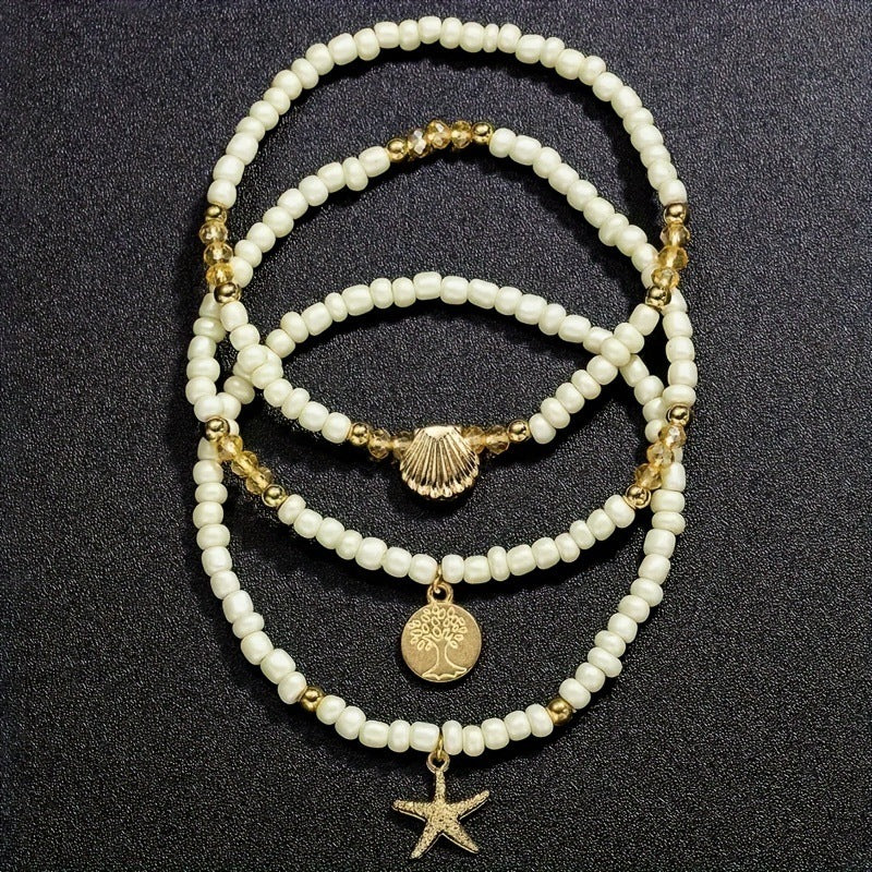 Multi-layer White Rice Bead Shell Starfish Anklet