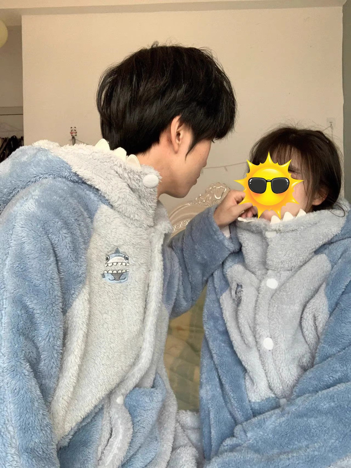 Shark Coral Fleece Couple Pajamas Women Can Wear Outside