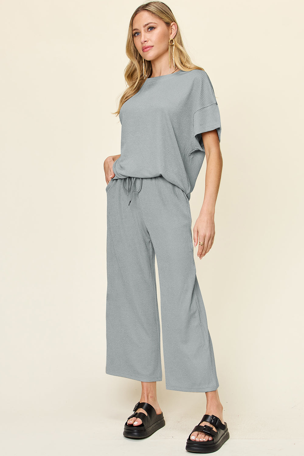 Textured Knit Top and Wide Leg Pant Set