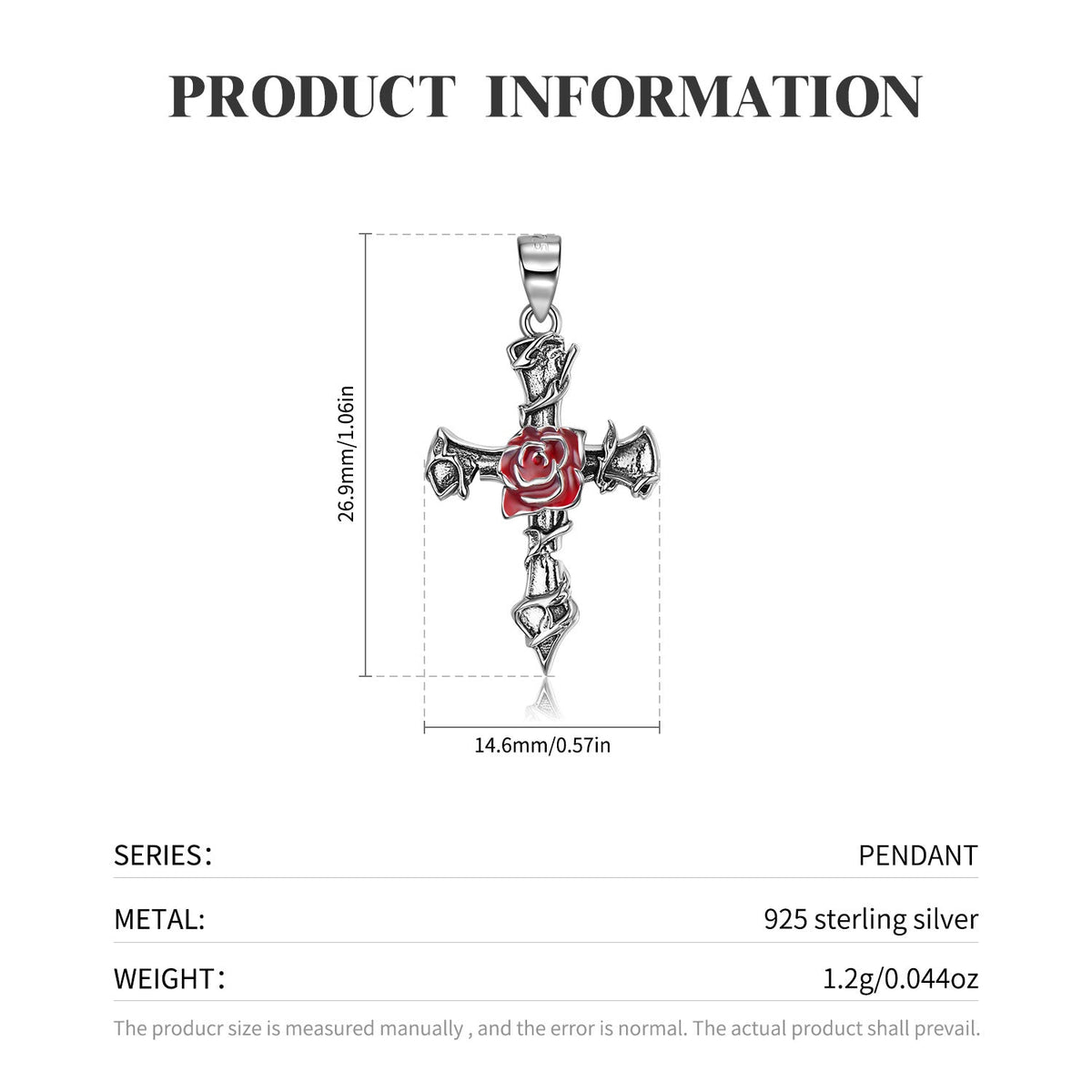 S925 Sterling Silver Jewelry Thorn Rose Cross Necklace
