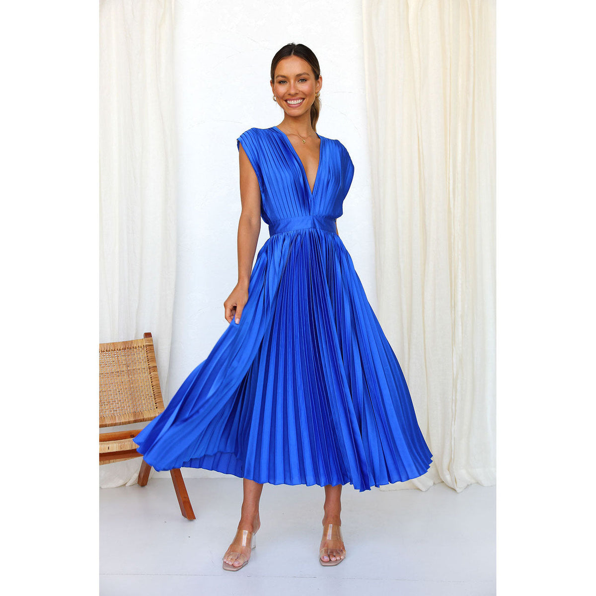 Summer V-neck Pleated Dress INS Fashion Casual Loose Zip Sleeveless Dresses For Women Clothing