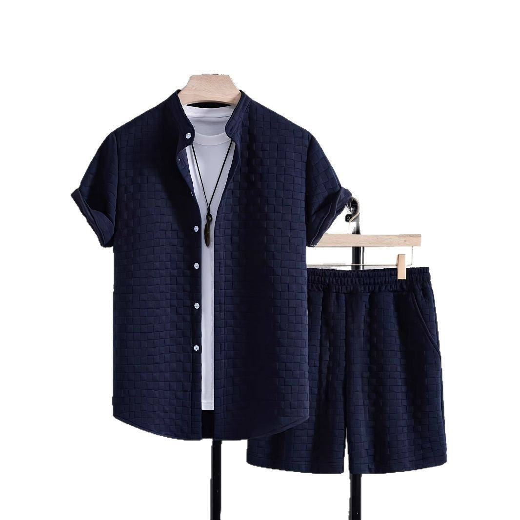 Men's Jacquard Casual Short Sleeve Shirt Outfit