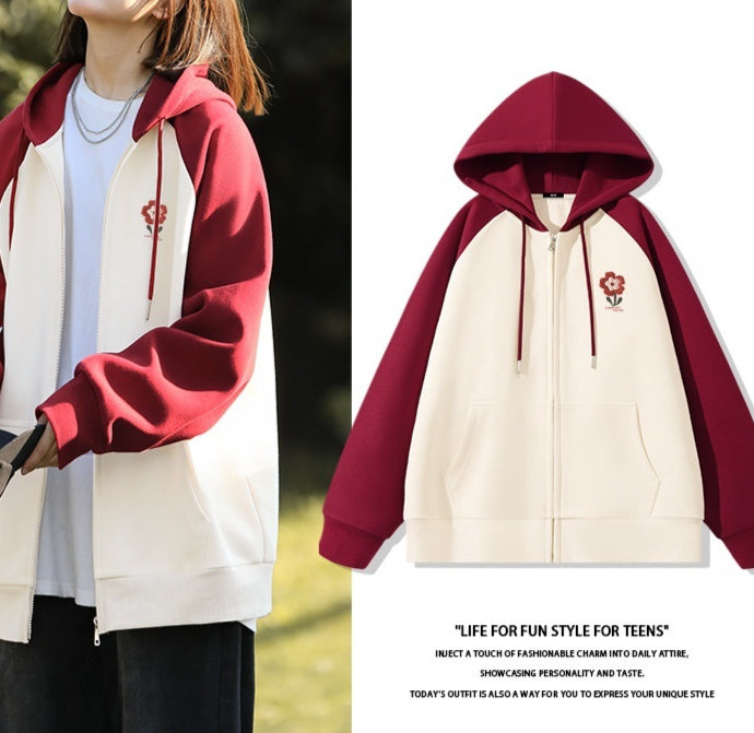 New Contrast Color Women's Clothing Winter Fleece-lined Casual Cardigan Coat Outerwear Women