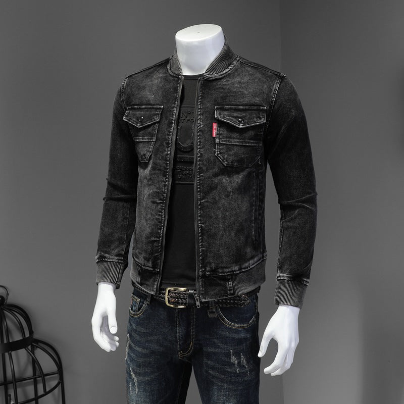 Retro Slim Fit Denim Jacket with Corduroy Collar