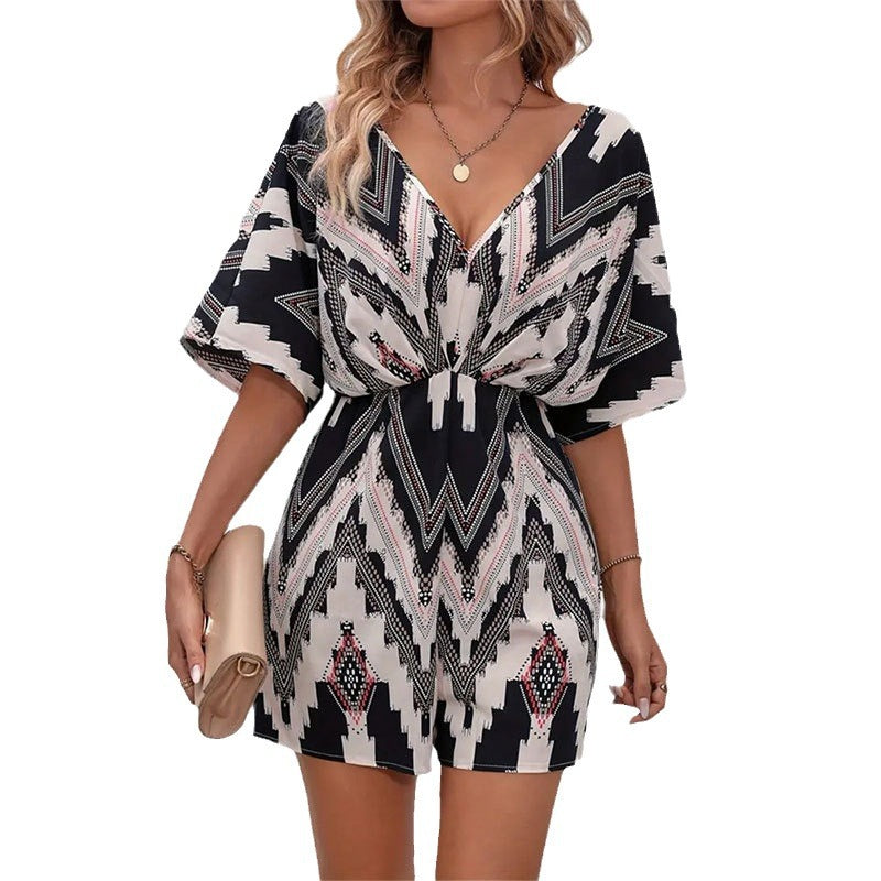 Women's Printed V-neck One-piece Sleeve Loose Jumpsuit