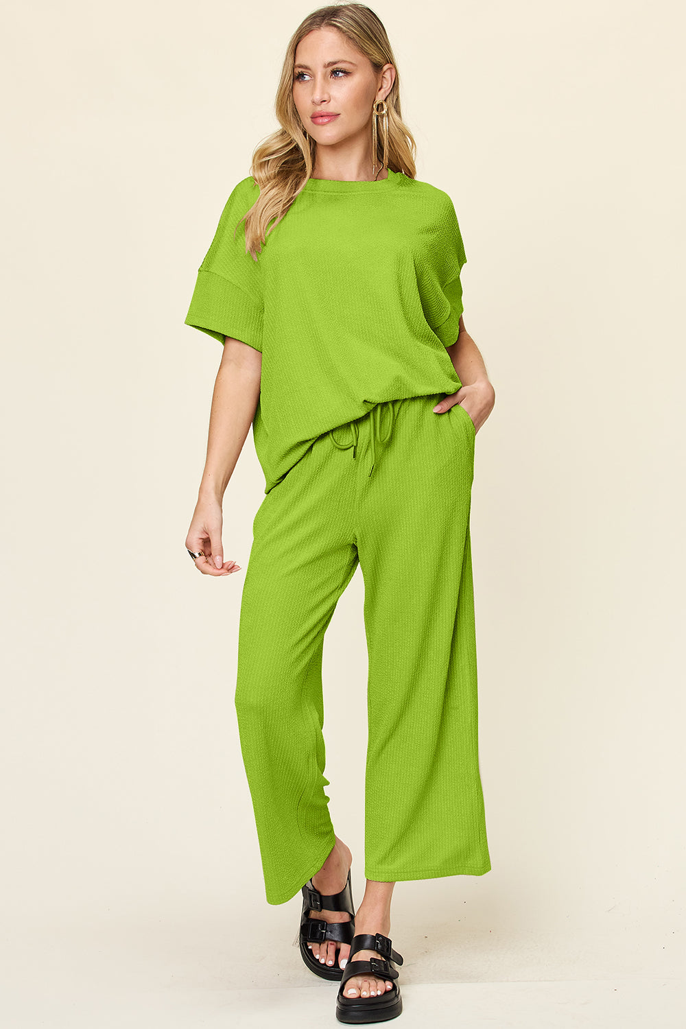 Textured Knit Top and Wide Leg Pant Set