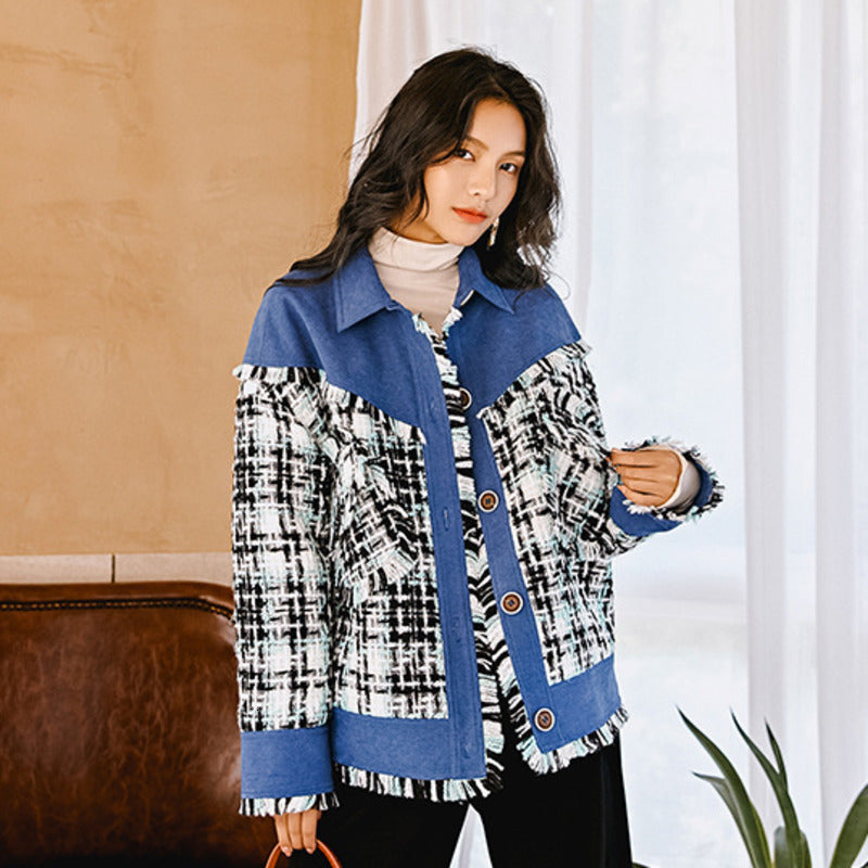 Loose Checkered Top and Fringe Jacket for Women