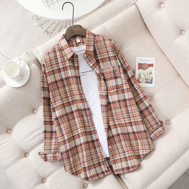 Women Retro Oversized Plaid Print Blouse Long Sleeve Chic Female Casual Loose Shirt Tops