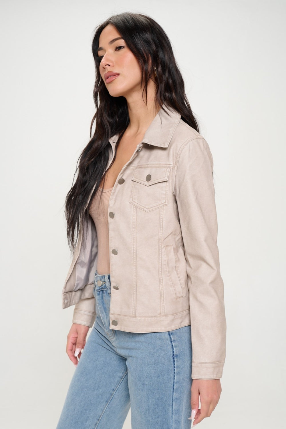 Women's Vegan Leather Button-Down Cargo Shacket