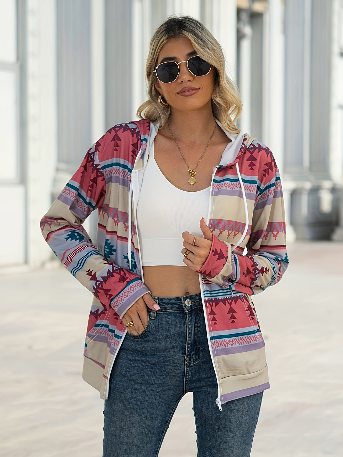 Geometric Hooded Sweatshirt Jacket