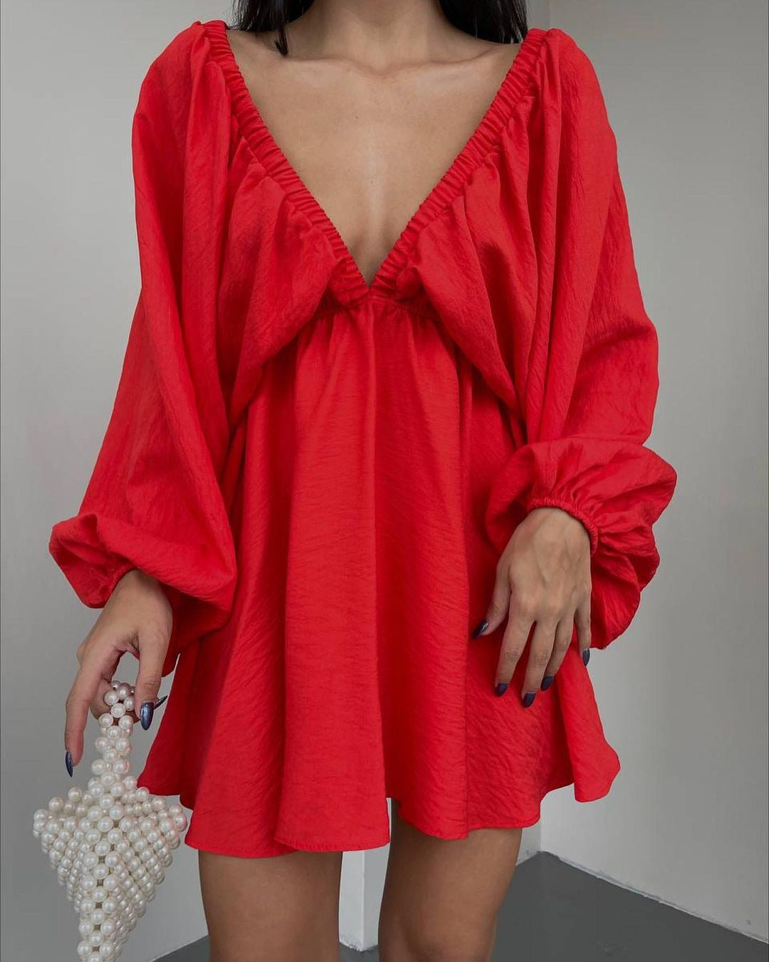 V-neck Lantern Sleeve Dress Fashion Loose Long-sleeved Dresses For Women Clothing
