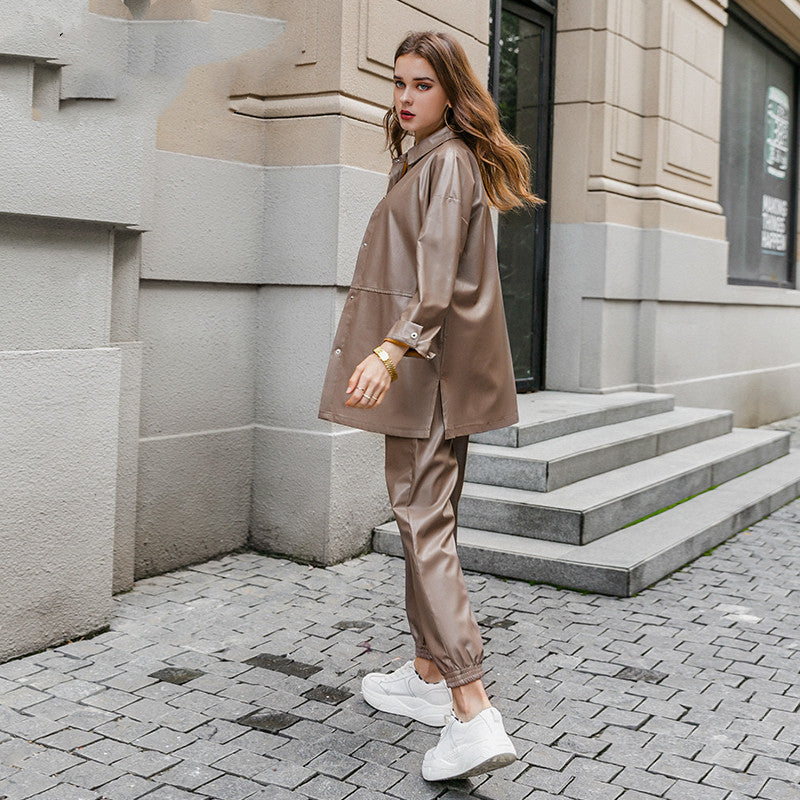 Brown Leather Jacket and Pants Set for Women