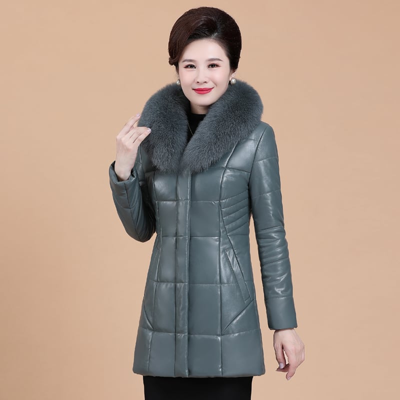 Women's Thickened Leather Down Jacket with Fur Collar