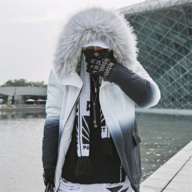 Trendy Thick Fur Collar Gradient Hooded Cotton Jacket