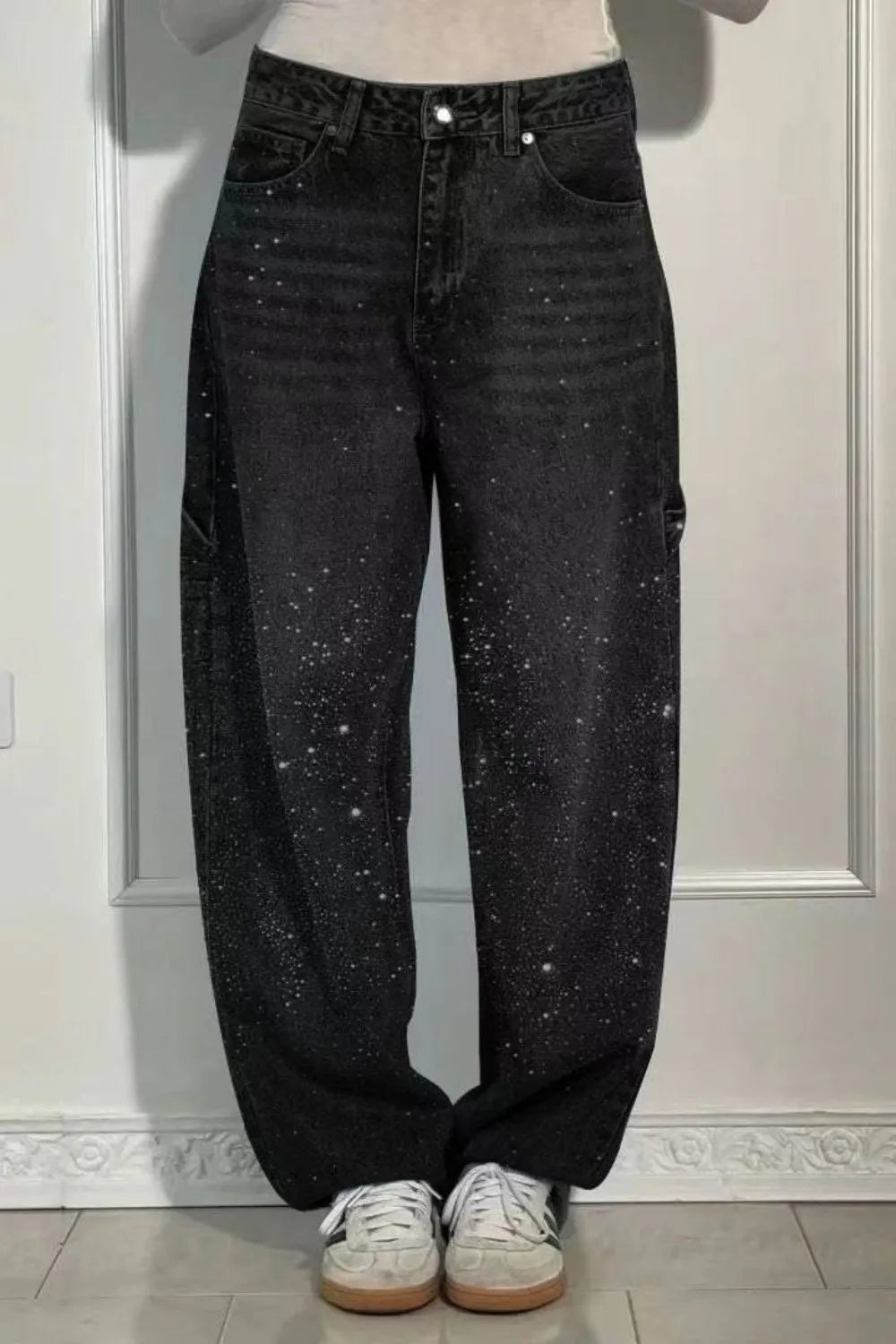 Full Size Washed Rhinestone Detail Wide leg Jeans Plus Size